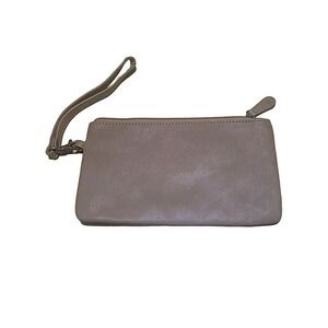 Womens Taupe Leather Wristlet Clutch Zip Top Pouch Bag Neutral Greige Accessory